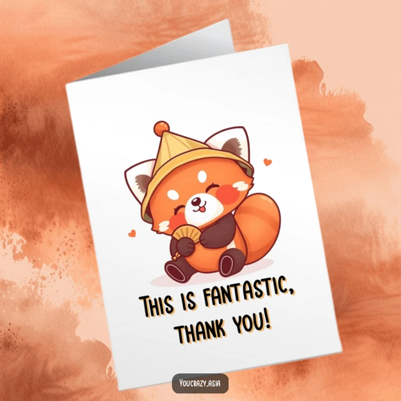 Funny Free Printable Thank You Card: Playful red panda in conical hat tumbling joyfully with a fan.