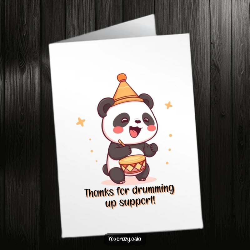 Funny Free Printable Thank You Card: A drumming panda in a hat offers thanks, a cute and downloadable appreciation.