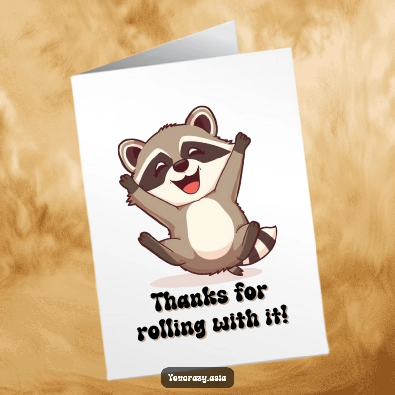 Funny Free Printable Thank You Card: Mischievous raccoon dog with a happy grin mid-somersault.