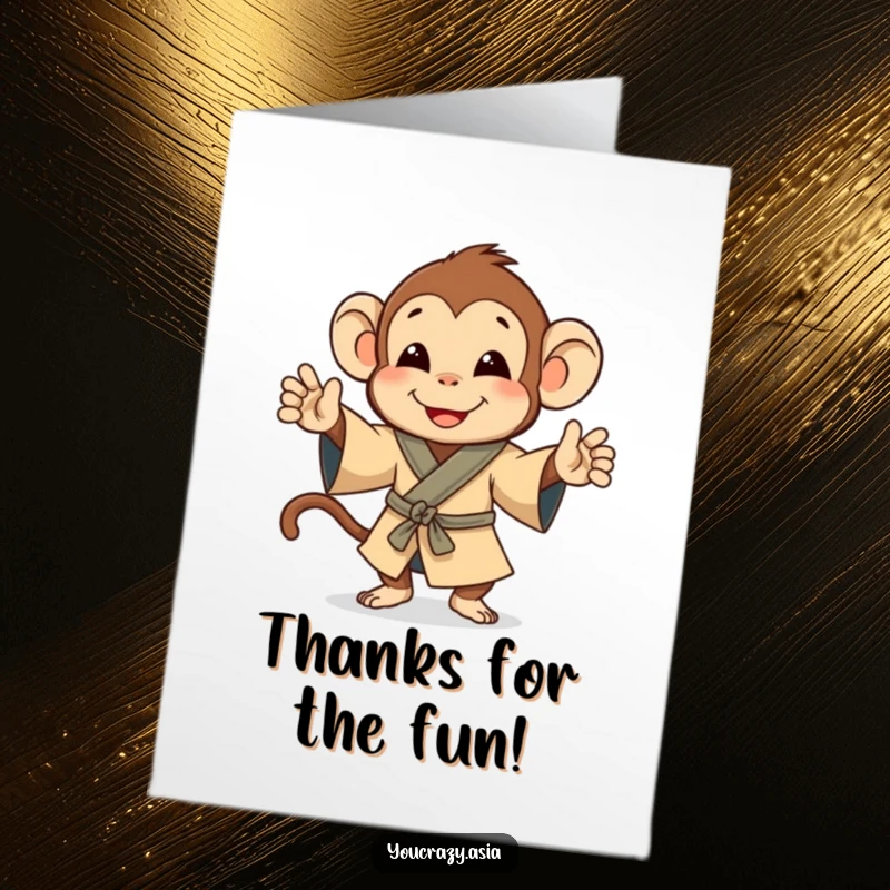 Funny Free Printable Thank You Card: A monkey in a robe does a happy jig, a fun and downloadable way to show gratitude.