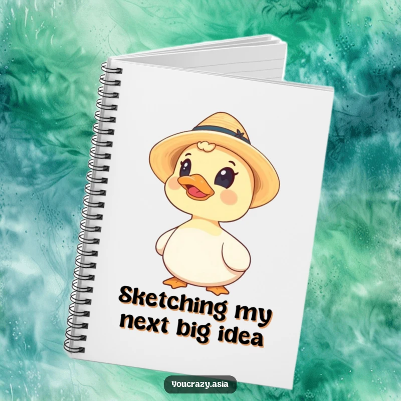 Funny notebook cover featuring a curious duck wearing a tiny straw hat, looking up as if inspired.