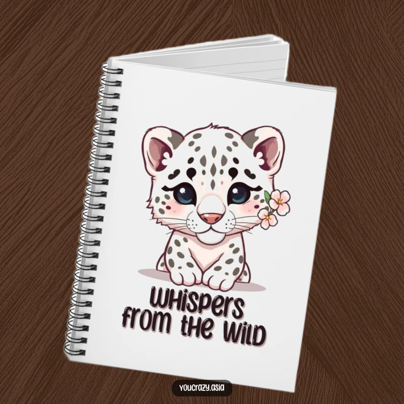 Funny snow leopard notebook featuring a shy leopard peeking out with a delicate flower, perfect for journaling, sketching, and creative writing.