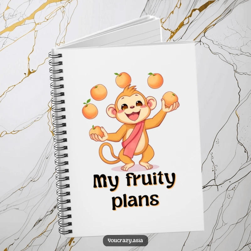 Funny Juggling Monkey Notebook: A cheerful golden monkey in a silk sash enthusiastically juggles peaches, inspiring creative ideas and playful notes.