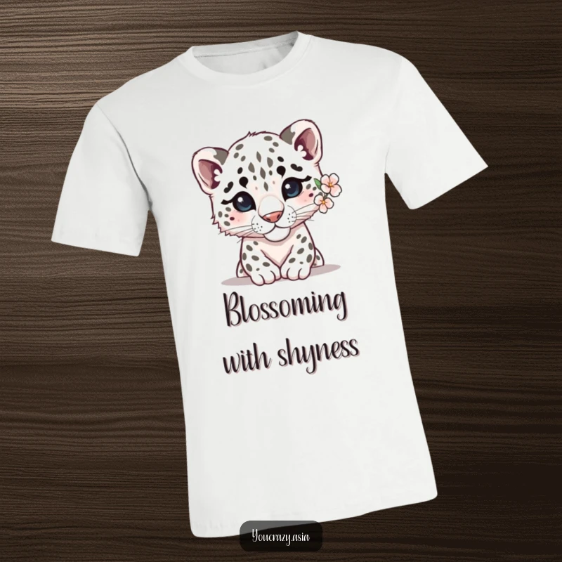 Funny snow leopard t-shirt with a shy leopard peeking out, a delicate flower tucked behind its ear, conveying gentle, subtle humor.