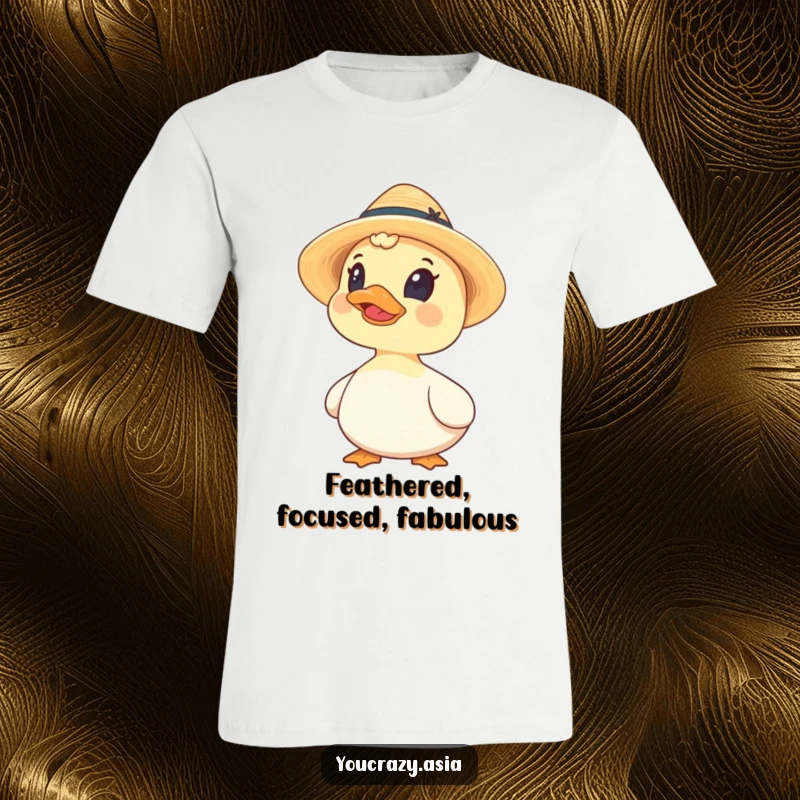Funny t-shirt with a curious duck wearing a miniature straw hat, looking upwards with an expression of playful intrigue.