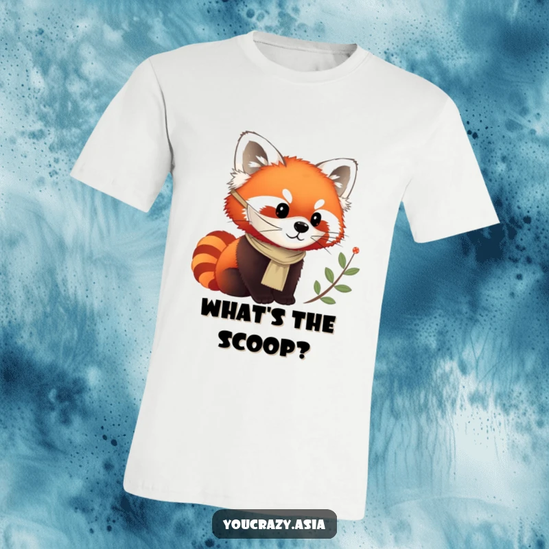 Funny t-shirt depicting a cheerful red panda in a silken mask, curiously observing with wide-eyed wonder.