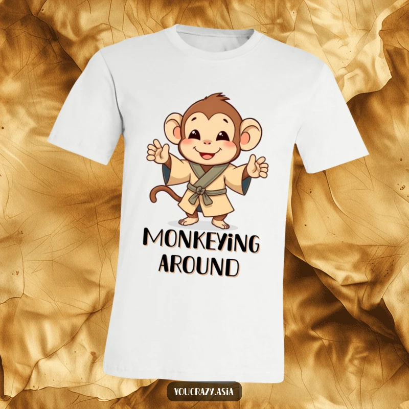 Funny t-shirt depicting a happy monkey in a small robe, cheerfully performing a lively little jig.