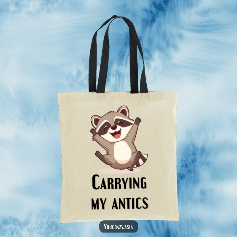 Funny Raccoon Dog Tote Bag: A mischievous raccoon dog with a happy grin attempts a somersault, making this bag a fun and functional accessory.