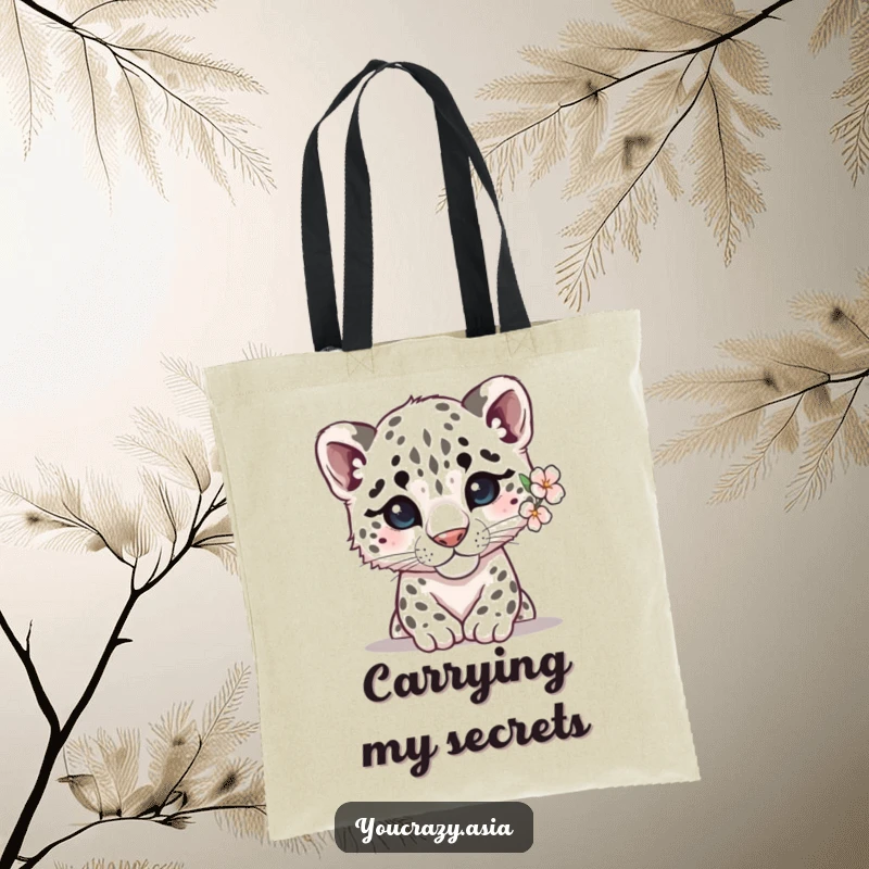 Funny tote bag featuring a shy snow leopard peeking out, with a delicate flower behind its ear, perfect for carrying essentials with style.