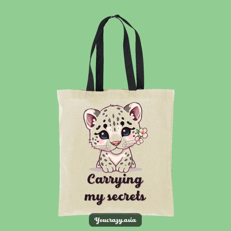Funny Shy Snow Leopard Tote Bag: Cute Flower Leopard Accessory, Stylish and Funny Gift