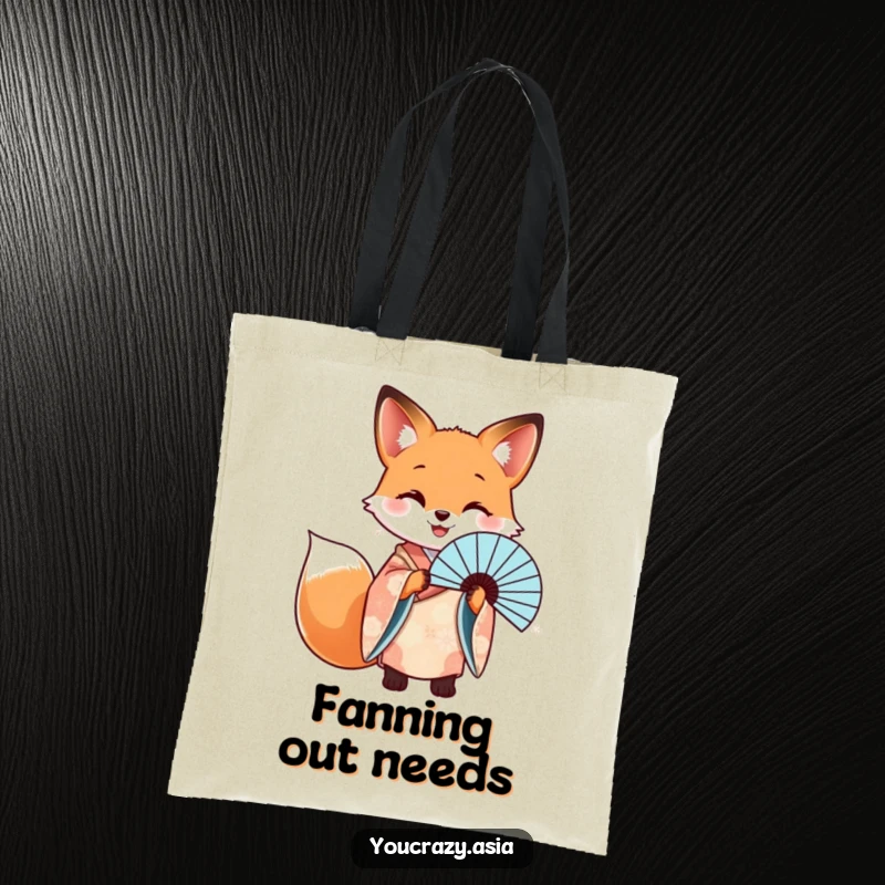 Funny tote bag showing a happy fox in a patterned kimono, elegantly holding a beautiful fan.