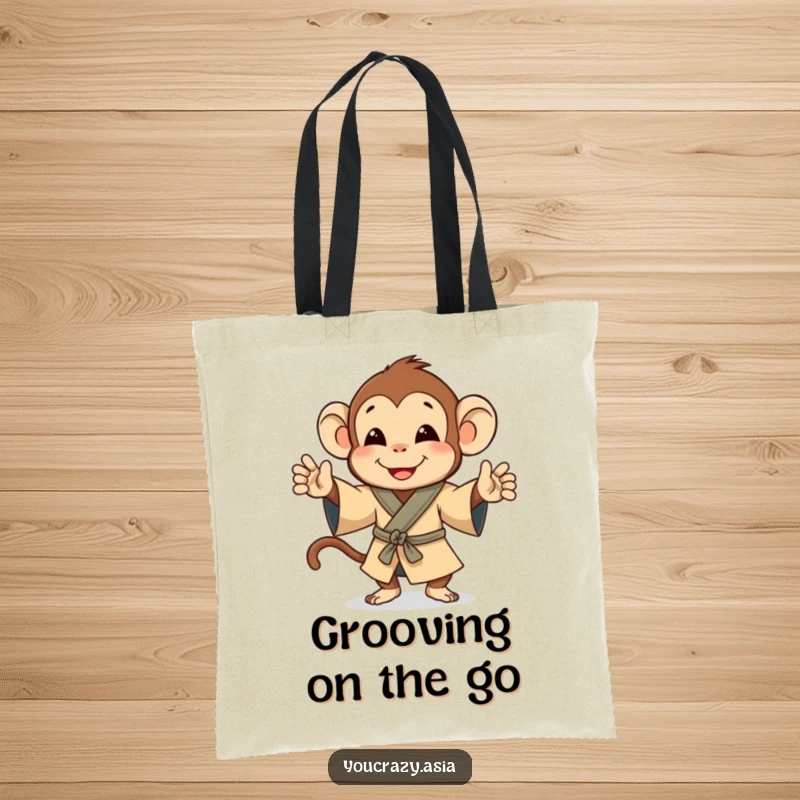 Funny tote bag showing a playful monkey in a small robe, happily doing a cute little jig.
