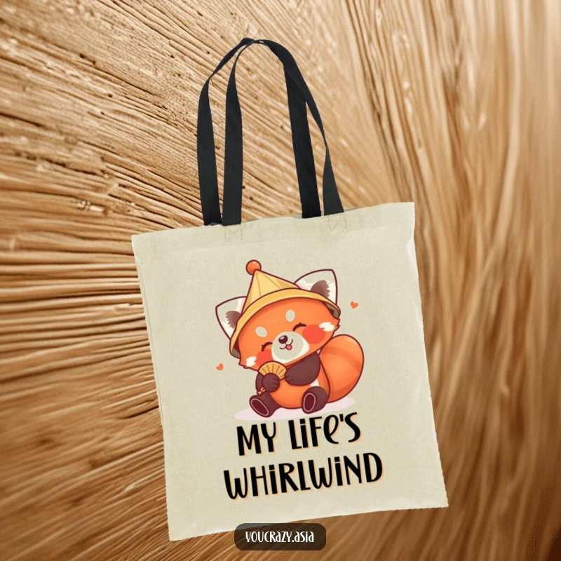 Funny Red Panda Hat Tote Bag: A playful red panda in a conical hat tumbles with a tiny fan, making this bag a fun and functional accessory.